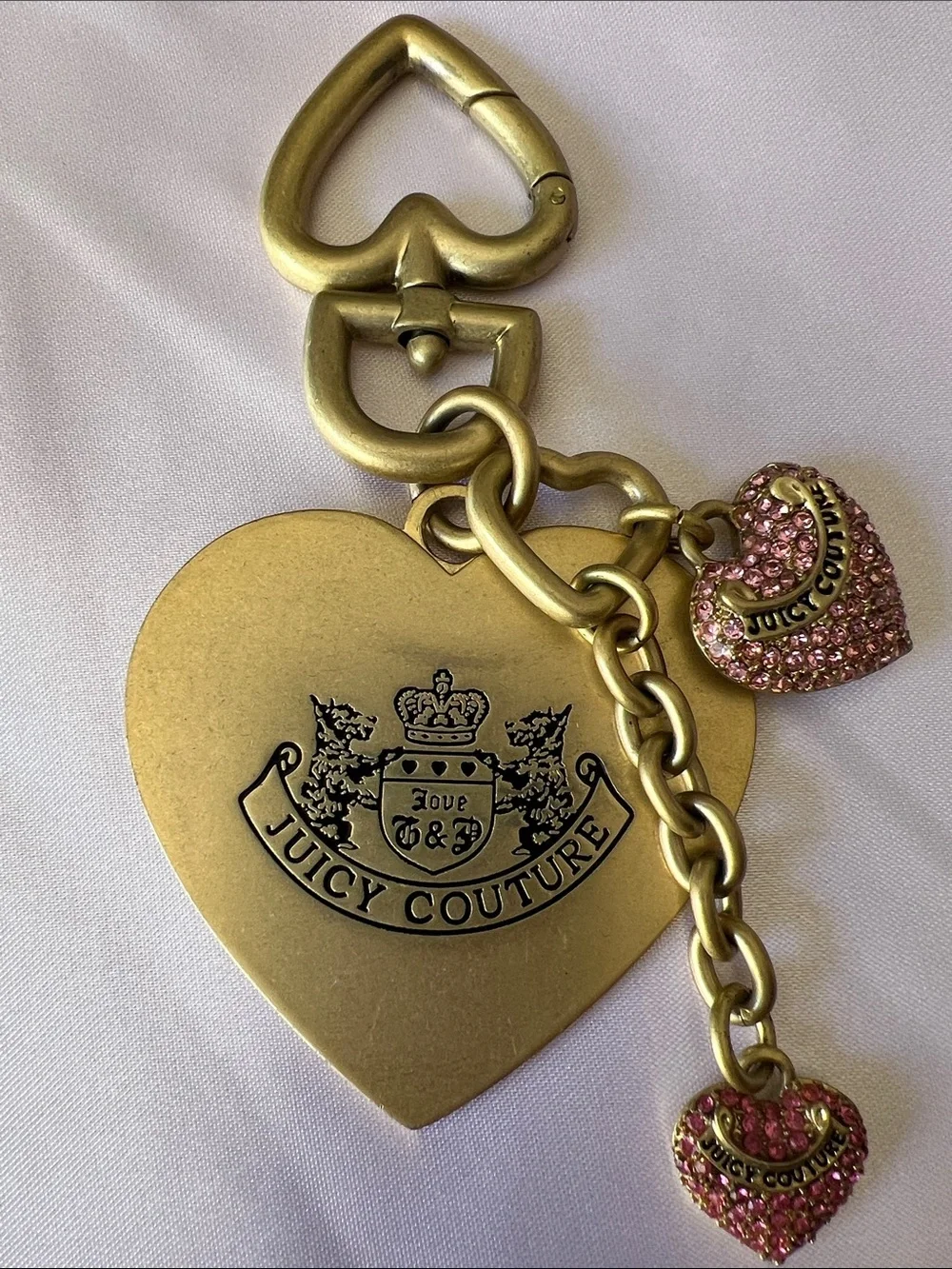 Juicy Couture Vintage Gold-Tone Heart Keychain with Pink Crystal Heart Charms